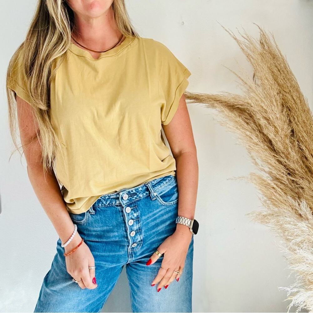 NEW MONO B NORDSTROM Mustard Beige Open Crossed Back $88 Crop Top Muscle Tee S